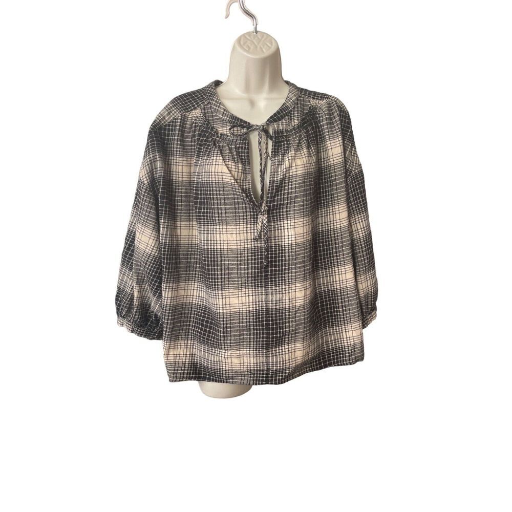 Joie Black Tan Plaid 100% Cotton‎ Long Sleeve Ruffled Neck Flowy Top Medium